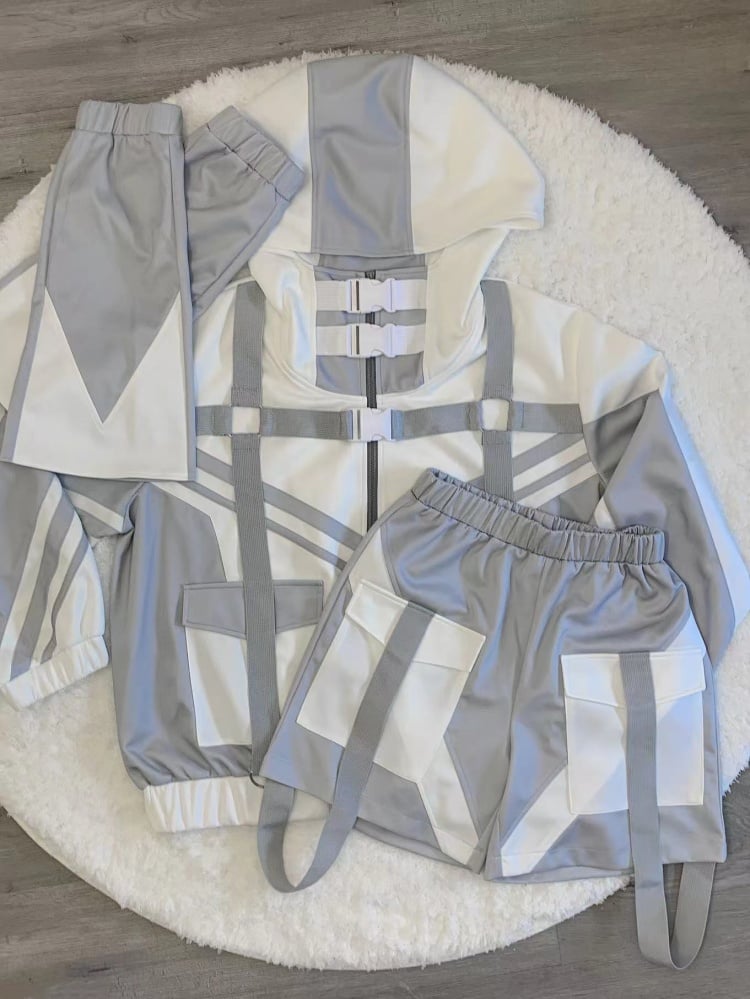 White & Gray Cyberpunk Patch Pockets Elastic Waist Jirai Kei Shorts