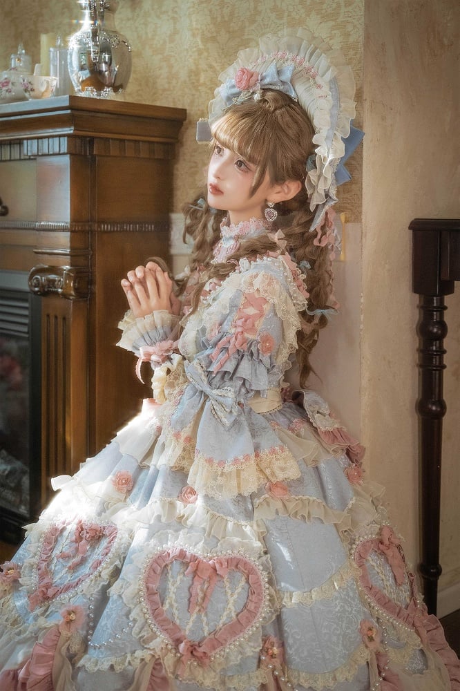 Rosette Embroidery Floral and Bead Chain Details Light Gray Gorgeous Hanayome Lolita Dress