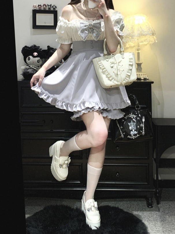 Set aus Minikleid und Shorts mit schulterfreiem Ausschnitt, Jirai Kei, Schwarz/Pink/Blau