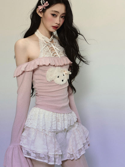 Pink Cute Puppy Adorned Lace Halter Neck Knit Top