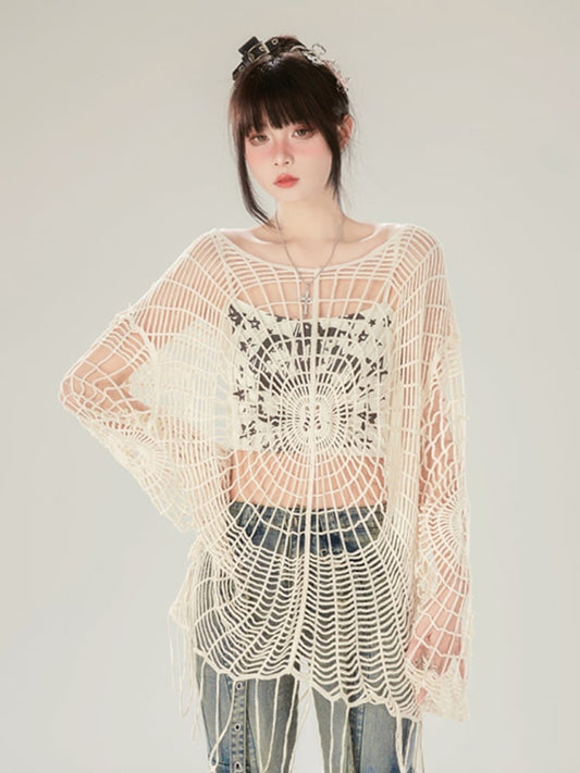 Apricot/Black Spiderweb Design Hollow-out Loose Top