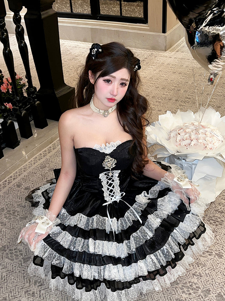 Shimmering Black Corset Waist Layered Skirt Strapless Party Dress