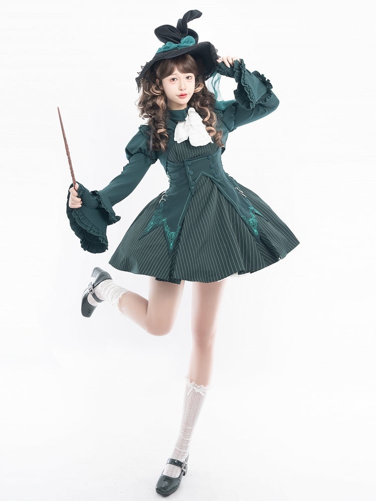Ensemble complet robe lolita à rayures vertes Serpentard + gilet + haut court