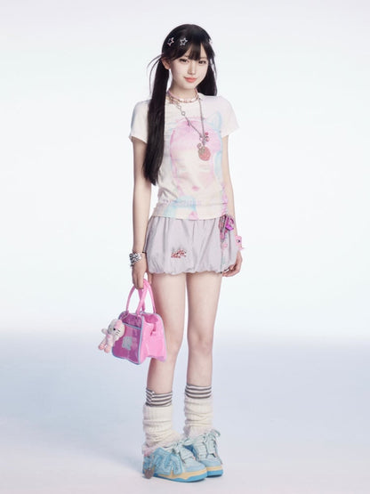 Embroidery Mini Bubble Skirt Pattern White Striped Letter