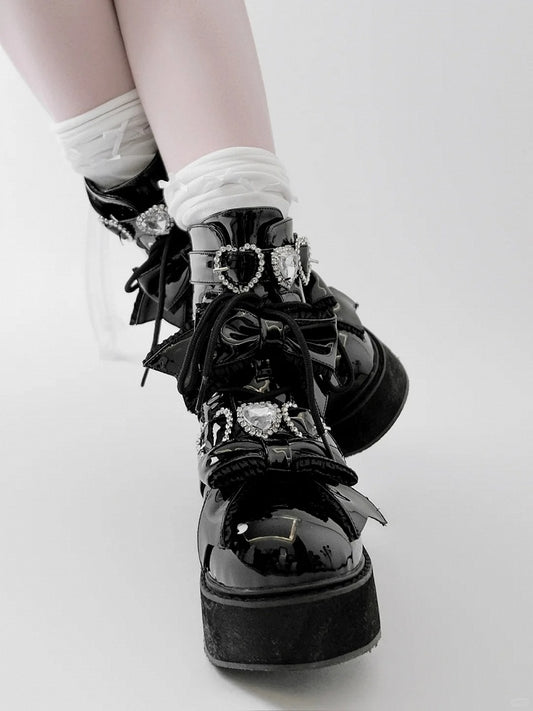 Plateau Stiefeletten Schnallen Jirai Kei Poliert und Schwarz Strass Sweetheart mit