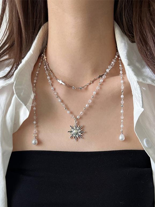 Sunflower Multi-Layered Silver Pendant With Y2K Necklace