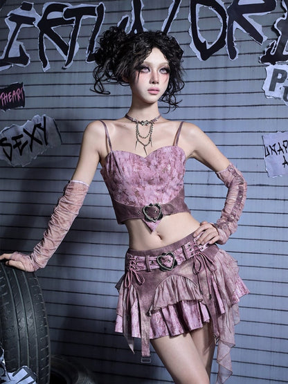Hem Mini Pink Skirt Denim Belt Asymmetric Sequined Heart with Y2K Buckle Punk
