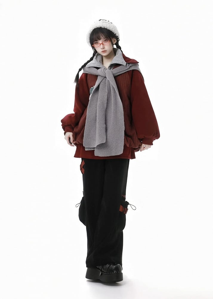 Wine Red High Neck Koala Applique Bubble Hem Striped Coat