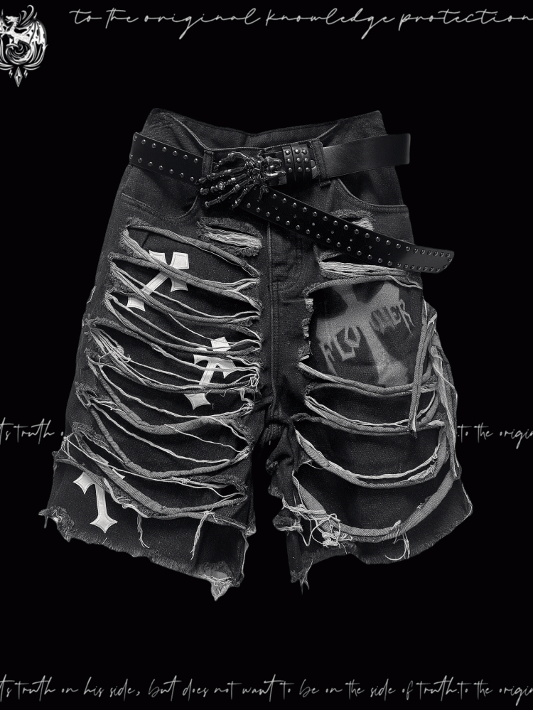 Denim Shorts Y2K Cross Appliques Distressed Holes Dark Gray Glamorous