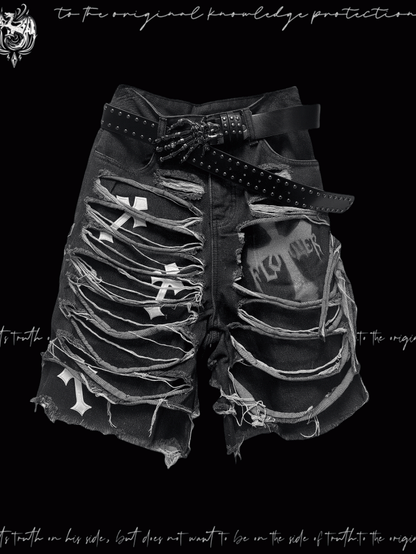 Denim Shorts Y2K Cross Appliques Distressed Holes Dark Gray Glamorous