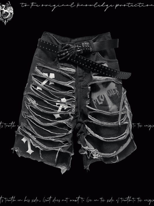 Denim Shorts Y2K Cross Appliques Distressed Holes Dark Gray Glamorous