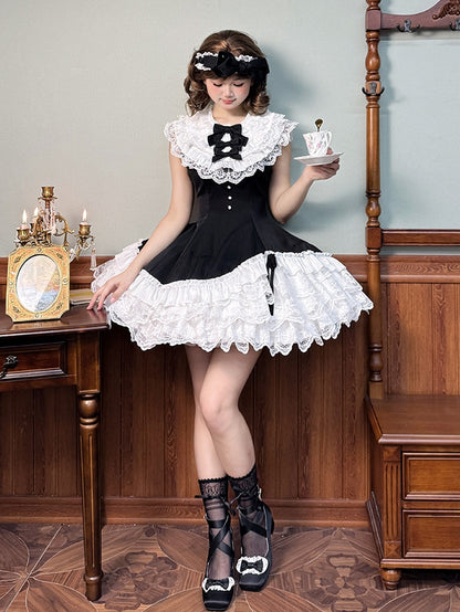 Black Striped Fabric Slim Fit Waist Lolita Sleeveless Dress with White Layered Ruffle Neck and Hem