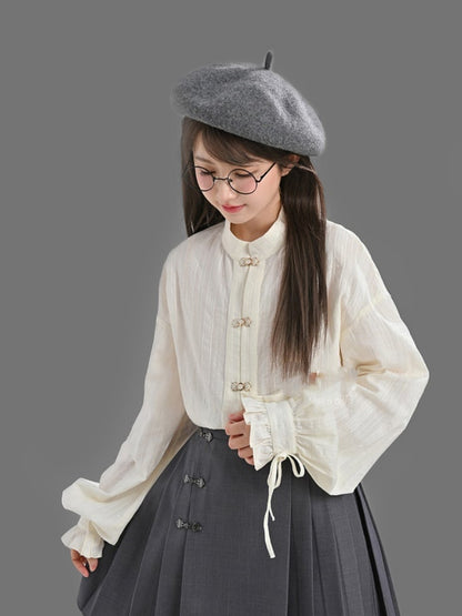 White Cheongsam Style Shirt with Self-tie Strap at Cuff