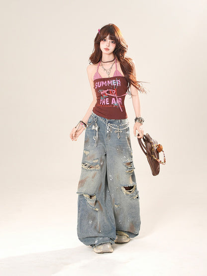Green/Brown Letter Print Faux Two-Pieces Halter Neck Top