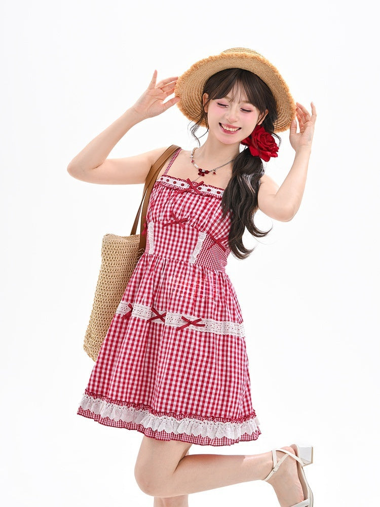 Akzente Spitze Sommer Trim Urlaub Cami Kleid Bowknot Rot und Weiß Plaid