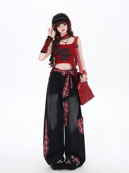Jeans Wide-leg Street Black High Cut Bowknot Red Plaid