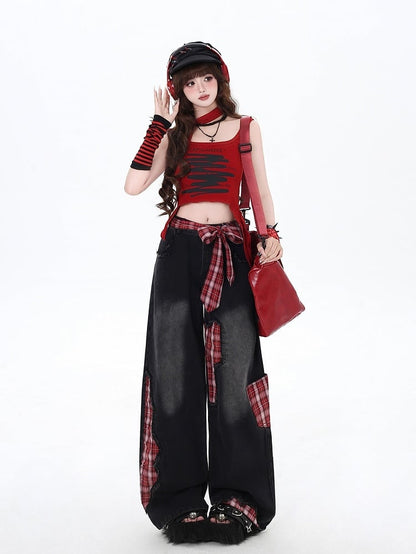 Black Street Wide-leg Bowknot Plaid Jeans High Cut Red