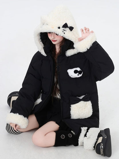 Black Pink Detachable Hood Plush Trim Thick Coat