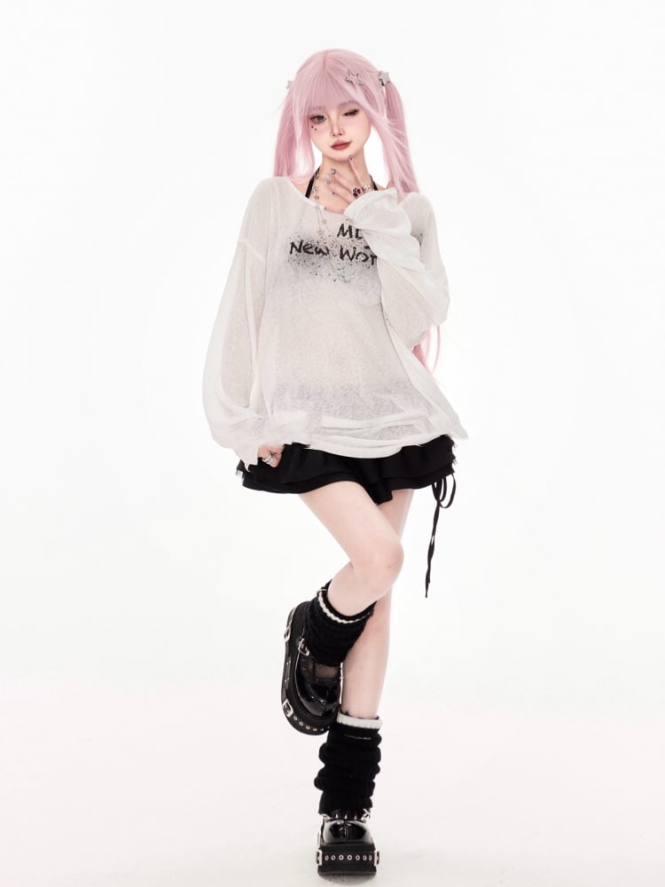 White Letter Print Coverup Semi-sheer Neckline Asymmetrical