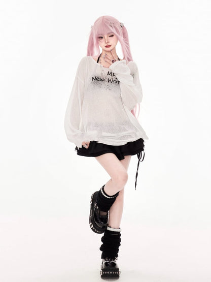 White Letter Print Coverup Semi-sheer Neckline Asymmetrical