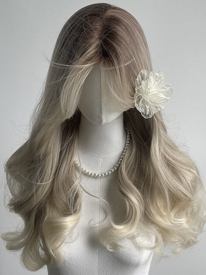 White-Blonde Ombre Long Wavy Synthetic Wig With Curtain Bangs