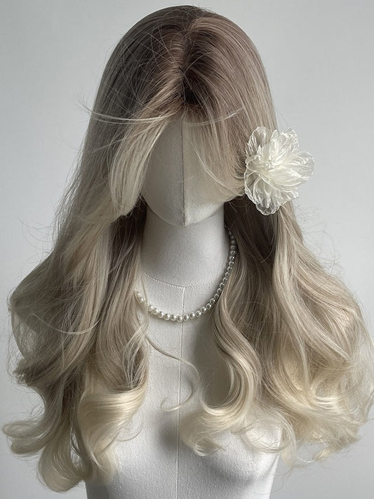 White-Blonde Ombre Long Wavy Synthetic Wig With Curtain Bangs