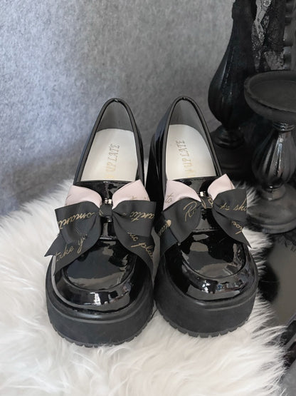 Platform High Loafers Bow Black Top Letter Detachable Block Heel Print Y2K Polished with