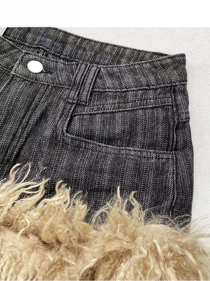 Gyaru Black Shaggy Trim Glamorous Wide-Leg Shorts