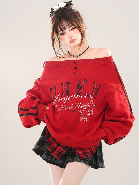 Red Letter Patch Embroidery Off-the-shoulder Neckline Sweatshirt