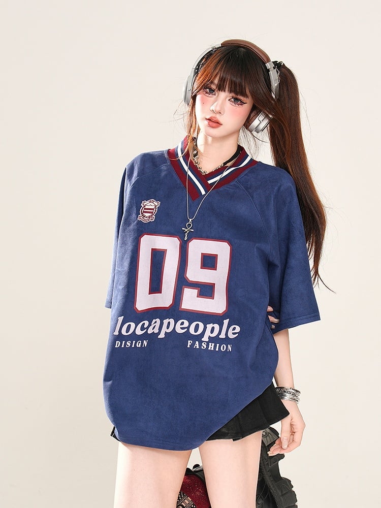 Loose T-Shirt Print Sports Khaki/Navy Blue Preppy Style V-Neck Number