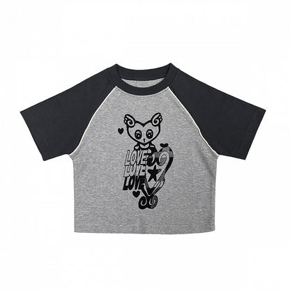 Black and Cropped Y2K Graphic T-Shirt Gray Colorblock Design