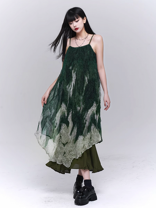 Robe à bretelles spaghetti à volants et ourlet asymétrique vert dégradé