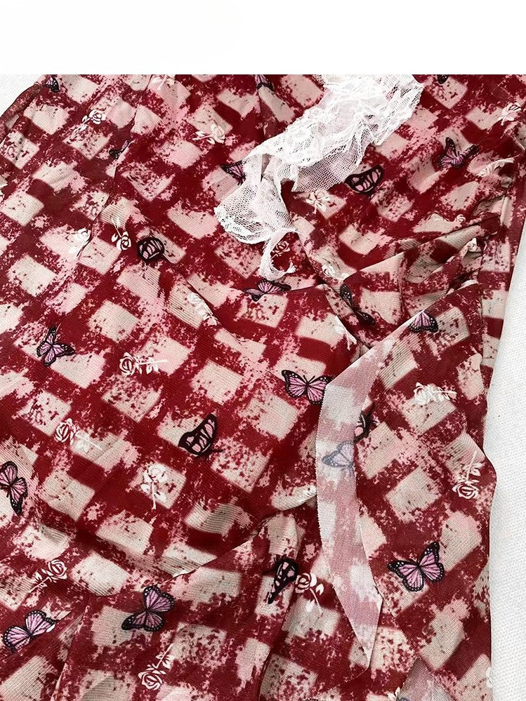 Hem Glamorous Bittersweet Pattern Red Skirt White Dress Cami Set- Plaid Lace Butterfly Asymmetrical +