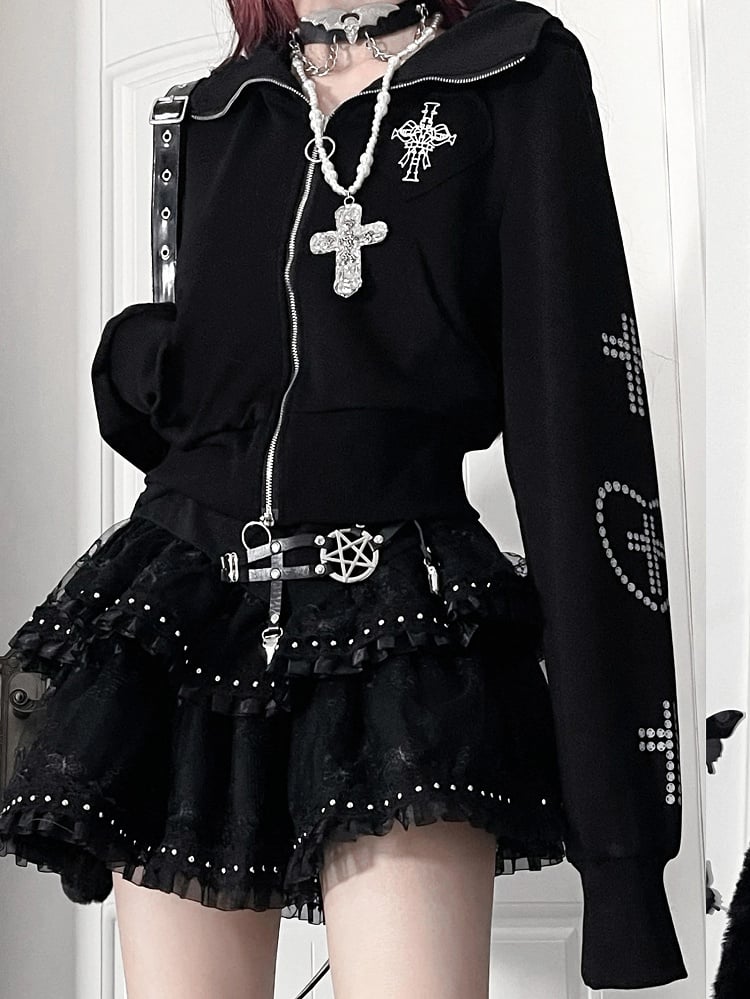 Cross And Bittersweet Kapuzenjacke mit Ohren und schwarzem Katzenherz-Design