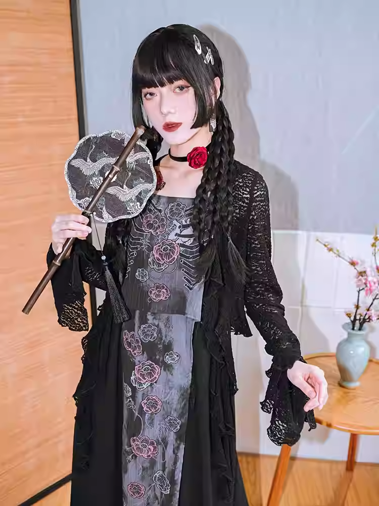 Cardigan Asymmetrical Hollow-out Hem Bell Ruffled Black Lace Sleeves