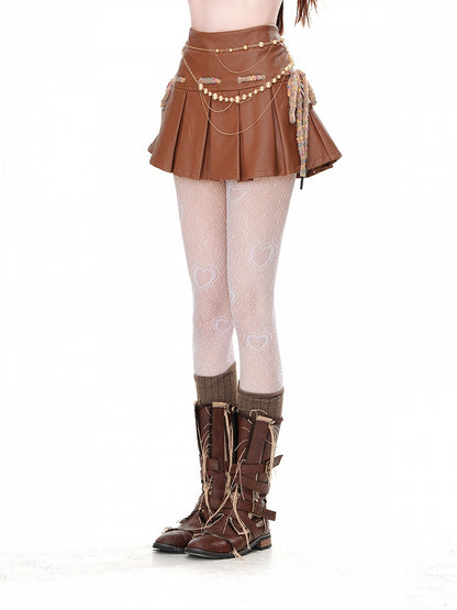 Mini Skirt Waist Box Pleat PU Brown High