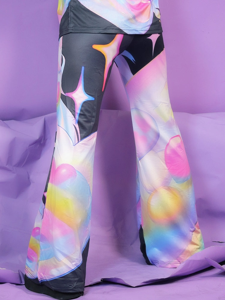 Fashion Colorful Gyaru Flared Cartoon Pattern Pants