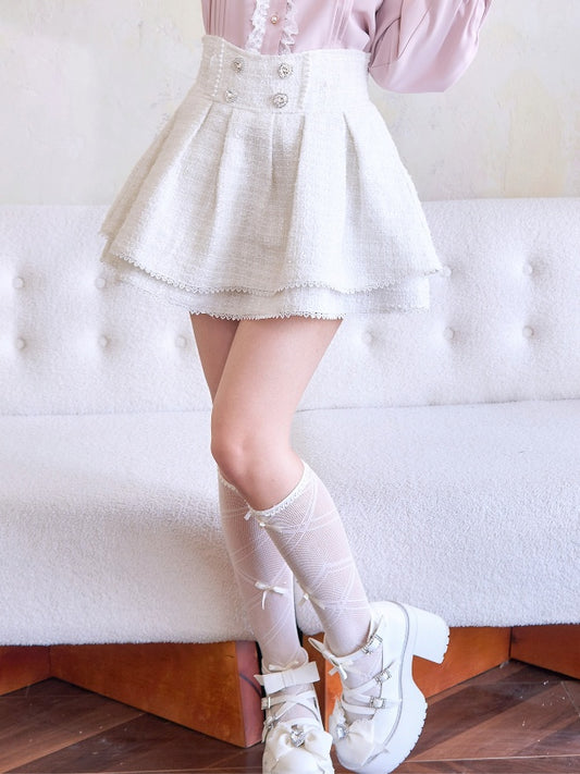 Waist White Jirai Kei Heart Rhinestones High Skirt Tweed
