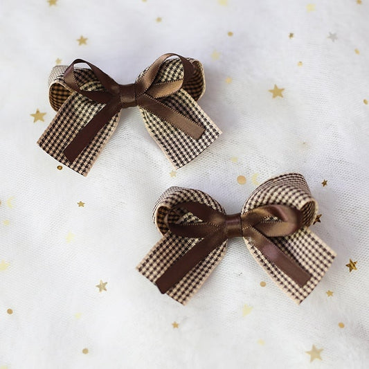 of Brown Hairclips Pair Plaid Lolita A Cute Bowknot