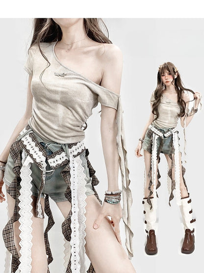 Neckline Beige Glamorous T-shirt Asymmetrical