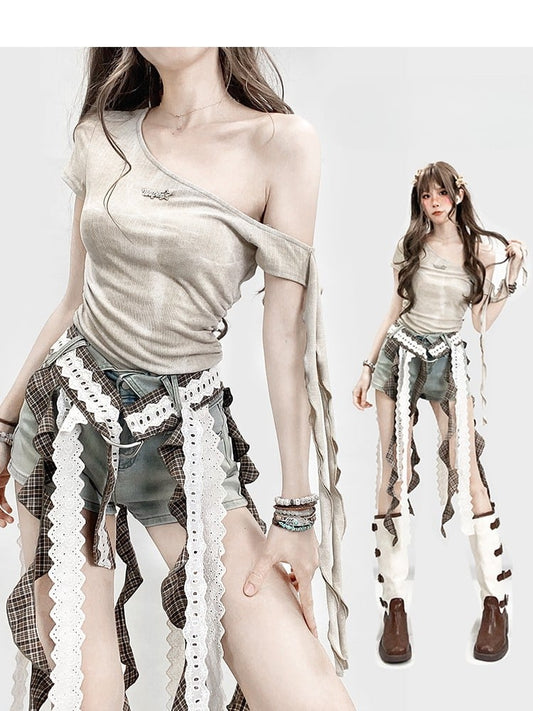 Neckline Beige Glamorous T-shirt Asymmetrical