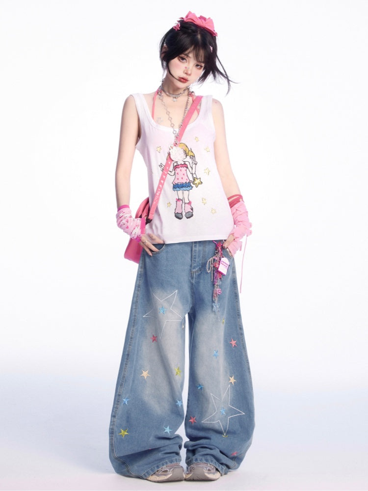 Tank Top Manga Girl Print White Loose
