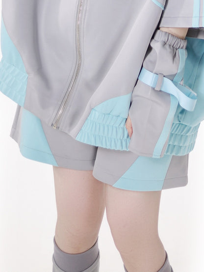 Green and Gray Colorblock Design Kei Sports Shorts Jirai