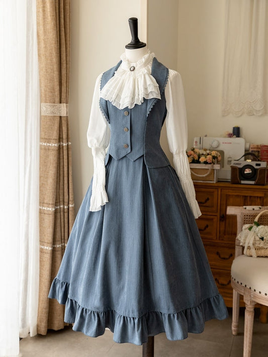 Elegant Dusty Blue Waistcoat Boned High Waist Skirt