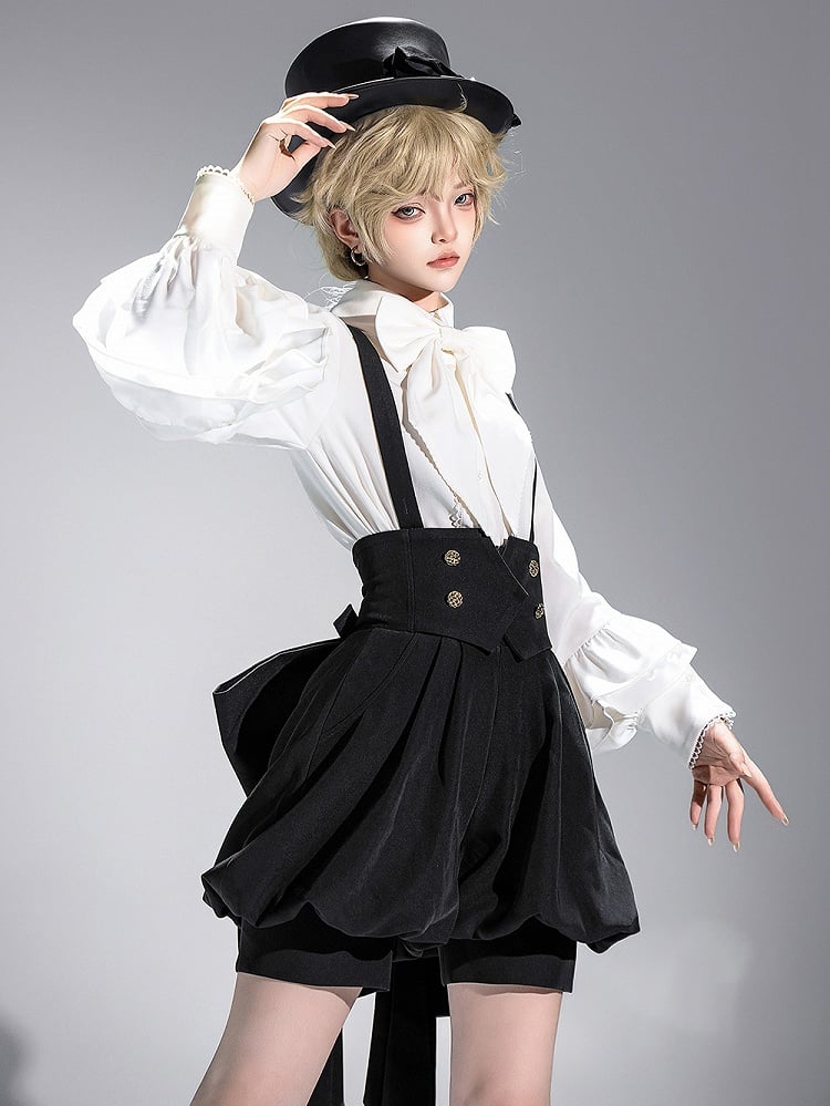 White Ouji Lolita Long Bishop Sleeves Shirt with Bow Tie