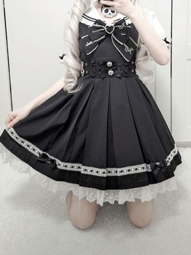 Heart Pink Sailor Collar Jirai Kei Dress Black/Light Back Bow with Self-tie Buckles