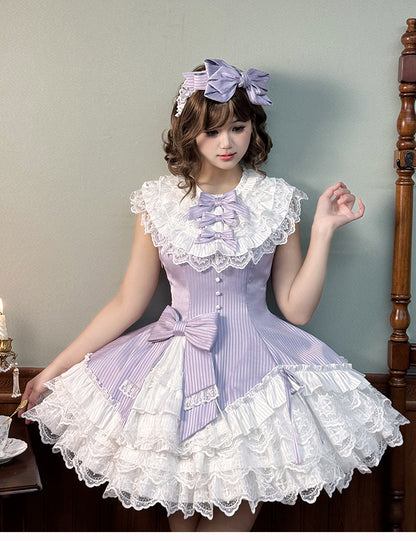 Robe Lolita sans manches en tissu rayé violet, coupe ajustée, col à volants superposés, blanche