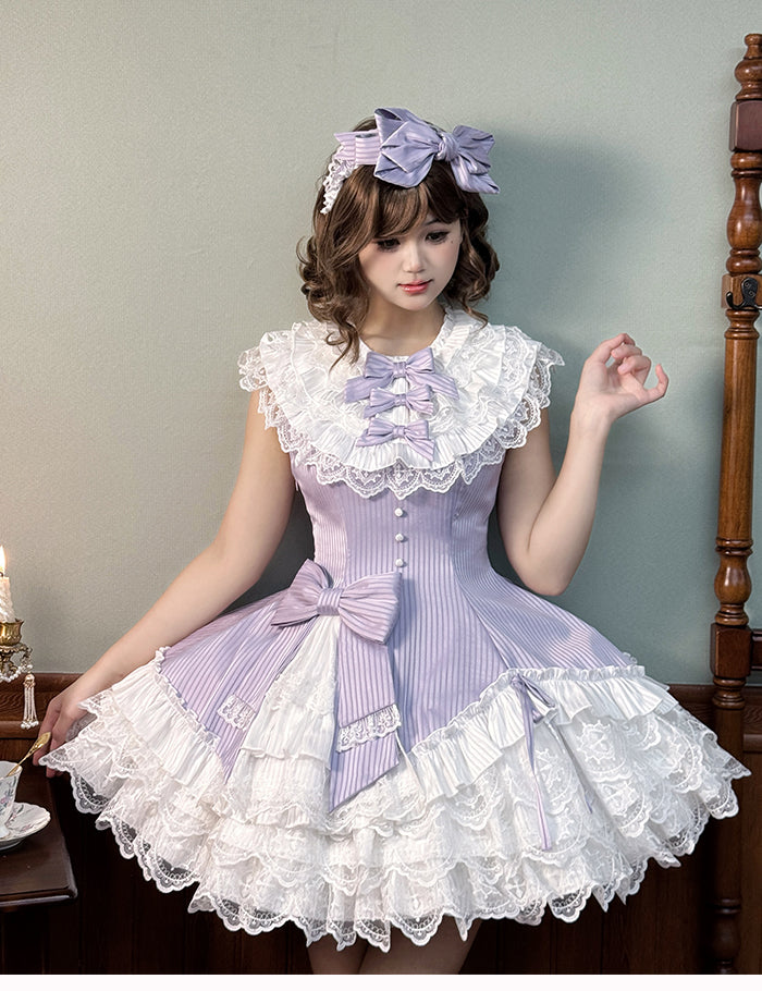Dress Slim Sleeveless Striped Waist Purple Lolita Fabric Sweet Ruffle White Layered Neck Fit