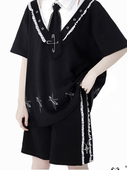Lace Black Elastic Waist Contrast Shorts Trim Cross Charms