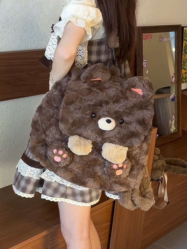 Sac à dos à rabat en peluche ours brun mignon, taille moyenne/grande